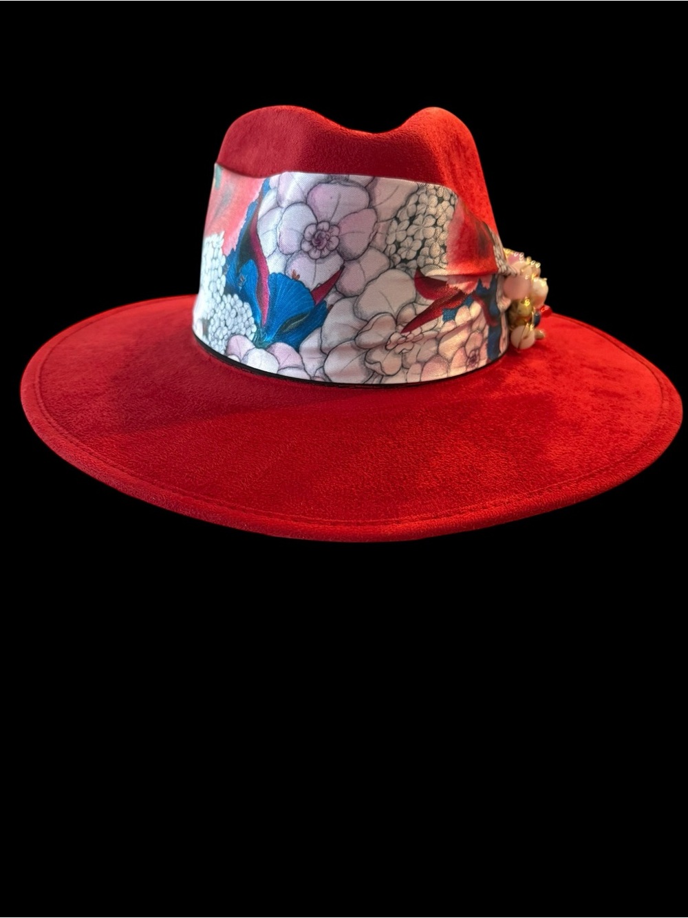 Red Wide-Brim Floral Band Fedora Hat